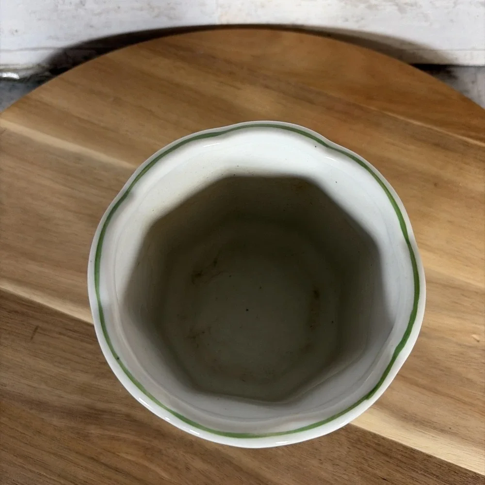 Vintage Chinoiserie Porcelain Planter Green Bamboo Scalloped Cachepot #28